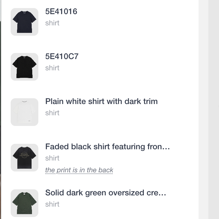 Astria product picker showing non-black shirt options including white and green shirts