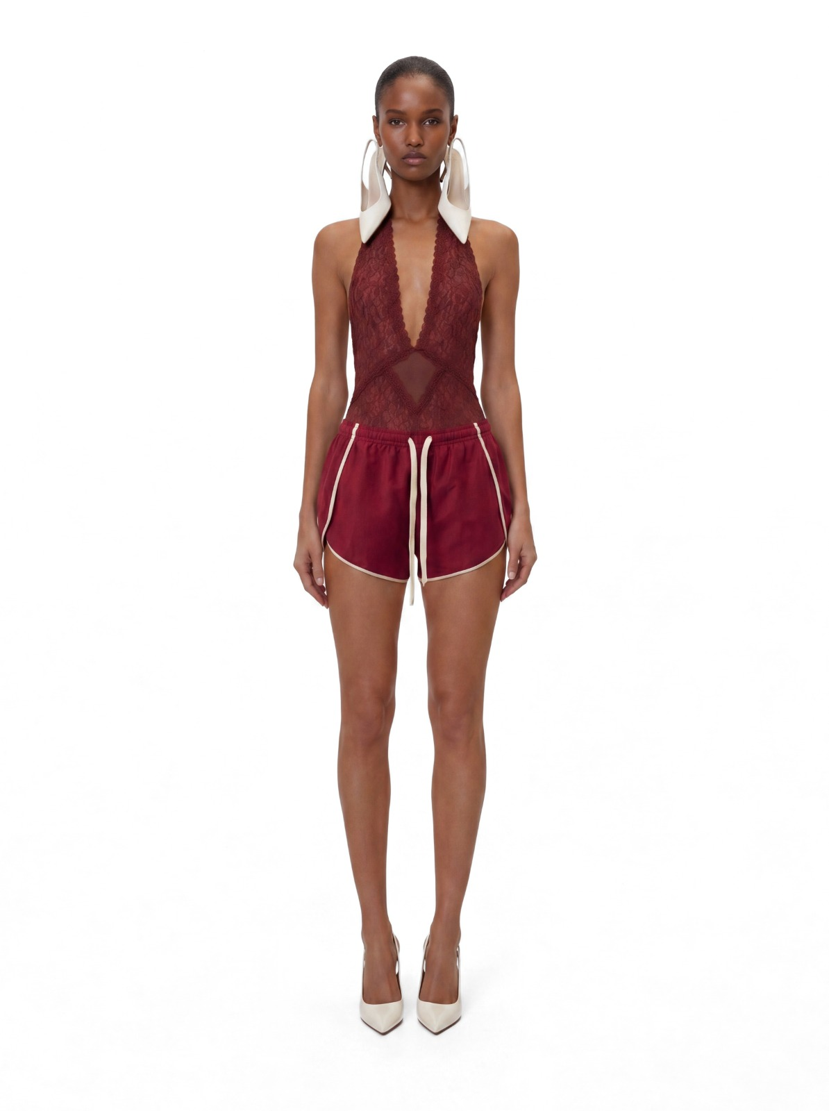 Fashion model in a burgundy look